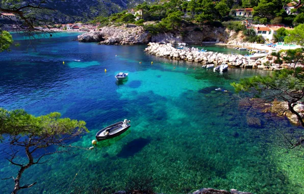 Picture sea, trees, stones, shore, France, boats, Marseille