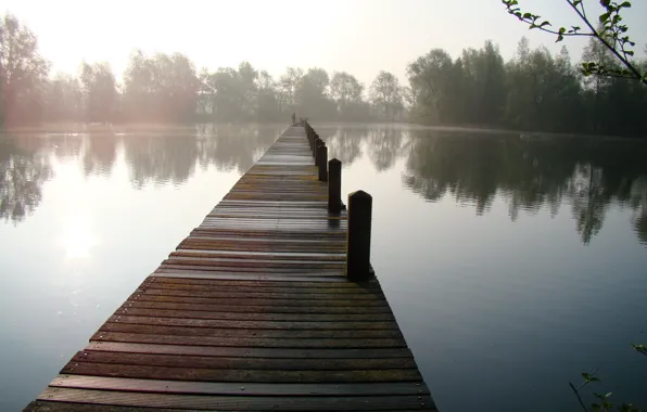 Bridge, fog, lake