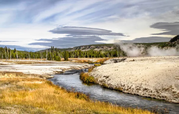 Field, autumn, forest, the sky, clouds, river, shore, smoke