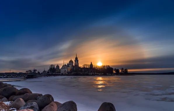 Picture winter, the sun, landscape, sunset, bridge, nature, lake, stones