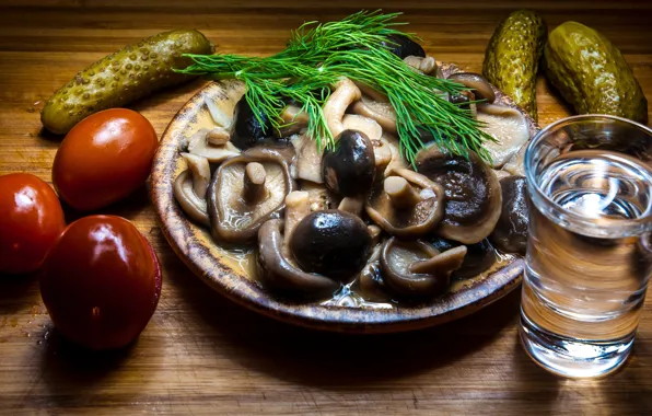 Picture glass, table, mushrooms, dill, plate, vodka, tomatoes, cucumbers