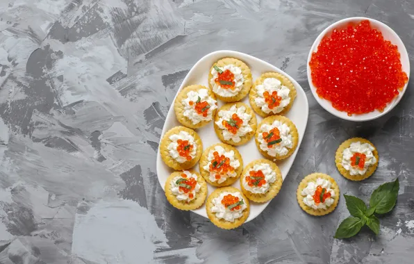 Caviar, tartlets, red caviar, soft cheese
