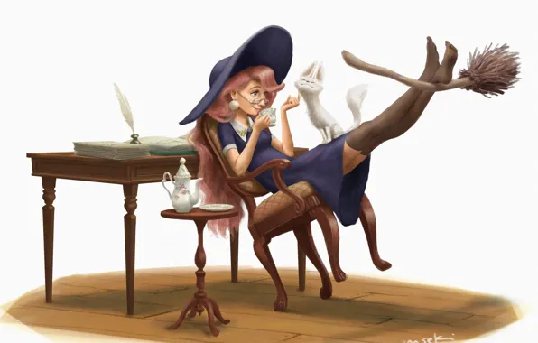 Cat, the tea party, witch, broom