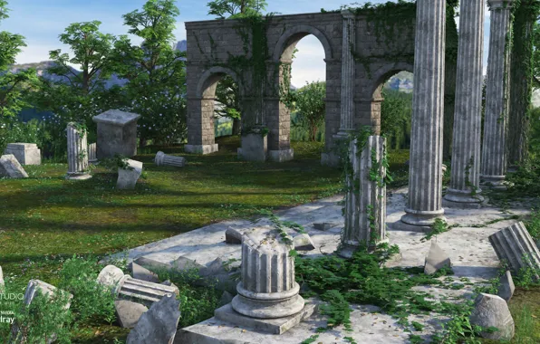 Trees, the ruins, columns, ruins, Ancient Ruins