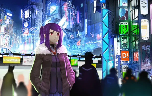 Girl, night, the city, future, fiction, neon, anime, art