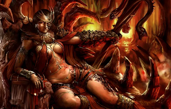 Snakes, decoration, the demon, art, staff, witch, the throne