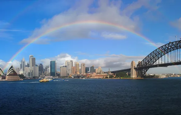 The sky, rainbow, morning, Sydney Opera house, Harbour Bridge, Sydney Cove, Sydney, steel arch bridge