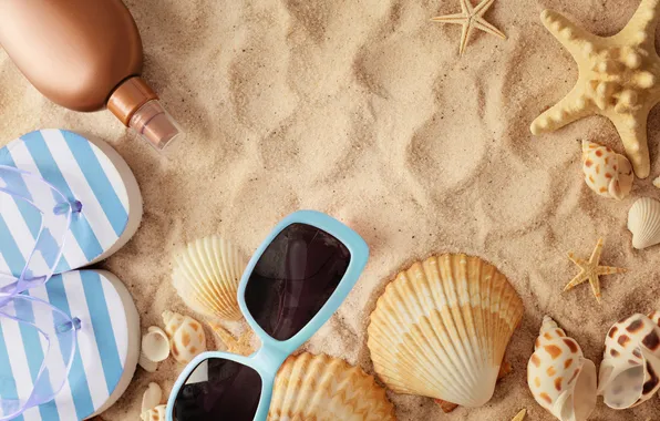 Sand, beach, summer, stay, glasses, shell, summer, beach
