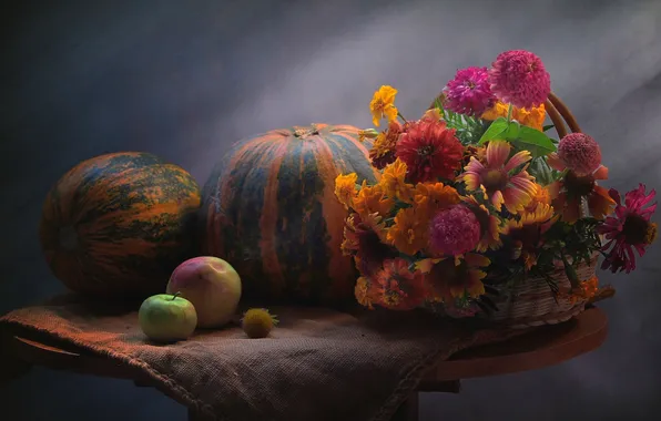 Apple, bouquet, pumpkin, still life, marigolds, zinnia, gaylardiya