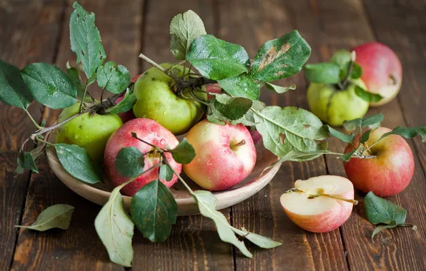 Autumn, leaves, apples, plate, fruit, Anna Verdina
