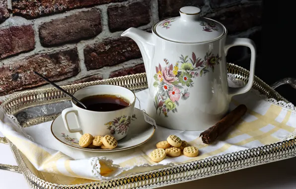 Tea, kettle, cookies, spoon, the tea party, mug, Cup, bricks