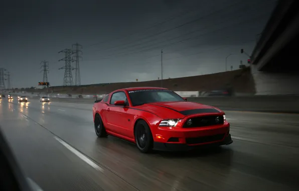 Picture road, machine, red, movement, rain, speed, track, mustang