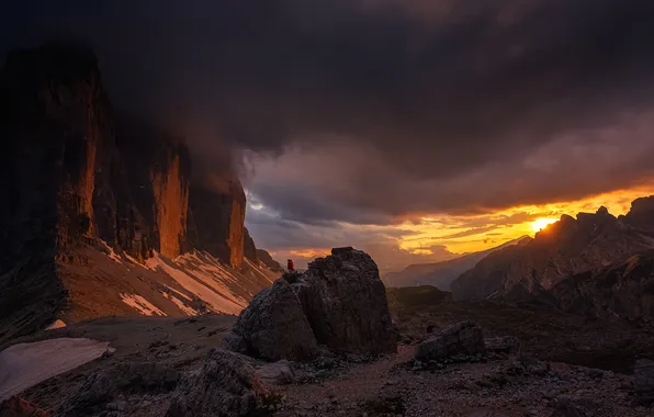 Sunset, mountains, stones, rocks, tops, The Dolomites