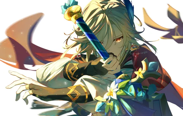 Picture flowers, sword, guy, Genshin Impact, Kaveh