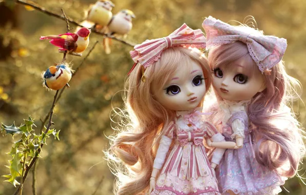 Picture birds, branches, girls, toys, doll, bokeh, dresses, bows