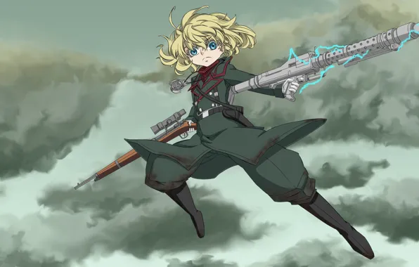 Girl, soldier, sky, military, war, anime, cloud, blonde