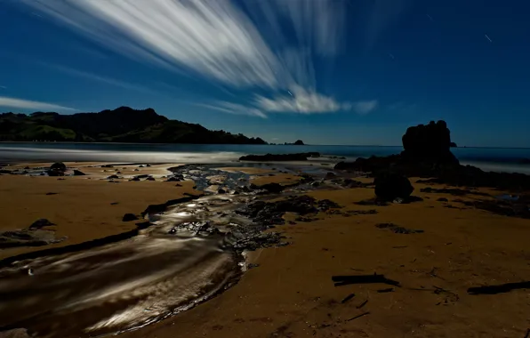 Sea, the sky, clouds, mountains, night, blue, shore, pond