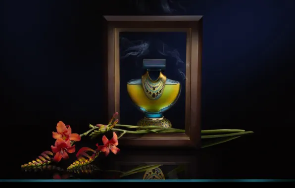 Lily, bouquet, perfume, frame, bottle, still life