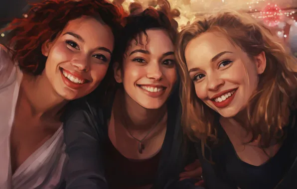 Picture Girls, Look, Smile, Christmas, New year, Joy, Three, Digital art