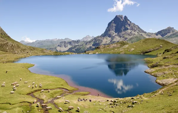 France, mountains, lake, Pyrenees, Pic du Midi d'ossau
