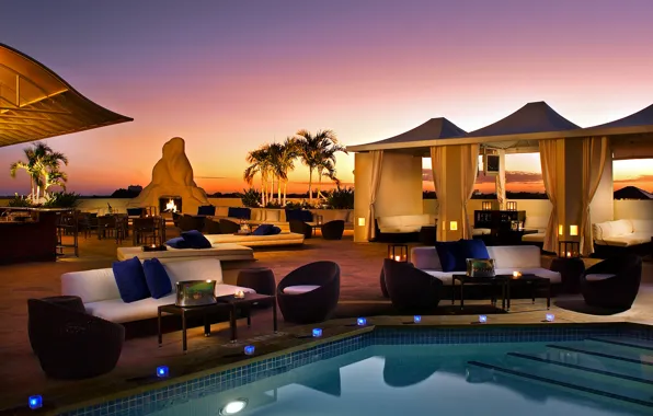 Picture palm trees, fire, stay, furniture, the evening, candles, pool, tables