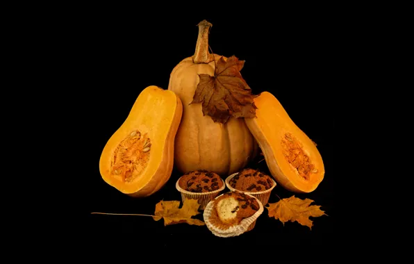 Autumn, pumpkin, black background, still life, cupcakes, composition, raisins, autumn leaves