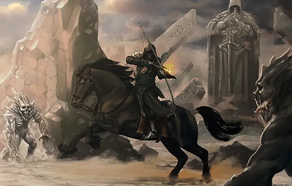Stones, rocks, fire, horse, horse, characters, bow, art