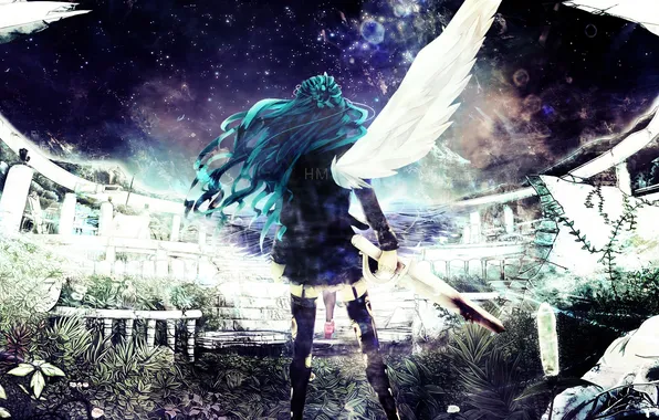 Picture the sky, girl, stars, nature, weapons, blood, wings, angel