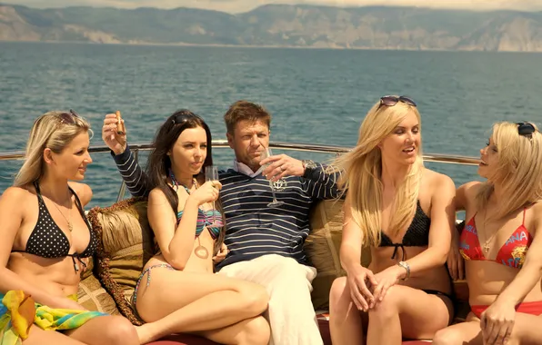 Sea, landscape, girls, stay, glass, yacht, glasses, cigar