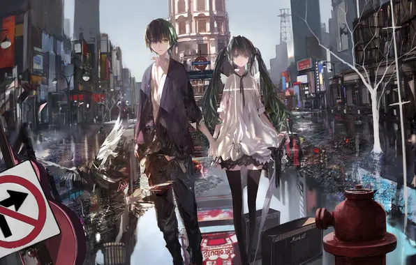 Picture girl, birds, the city, puddles, guy, vocaloid, hatsune miku