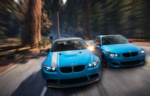 Picture forest, BMW, sparks, blue, front, E92, E60, Aksyonov Nikita Andreevich