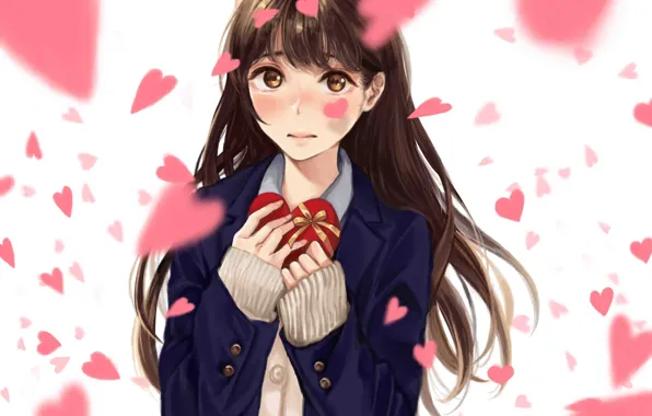 Girl, candy, hearts, embarrassment, Valentine's day