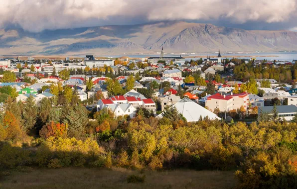 Wallpaper roof, light, mountains, Church, home, the city, pond, view
