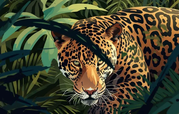 Picture Look, Leaves, Jaguar, Face, Predator, Digital art, Big cat, Closeup