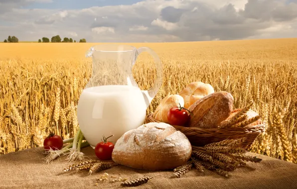 Picture wheat, field, the sky, basket, milk, bow, bread, pitcher