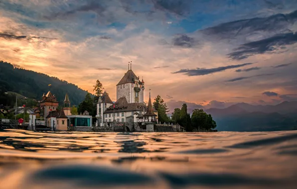Water, mountains, lake, castle, building, home, Switzerland, Alps