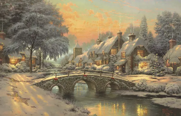 Christmas, town, painting, herringbone, Thomas Kinkade, Thomas Kinkade, cottages