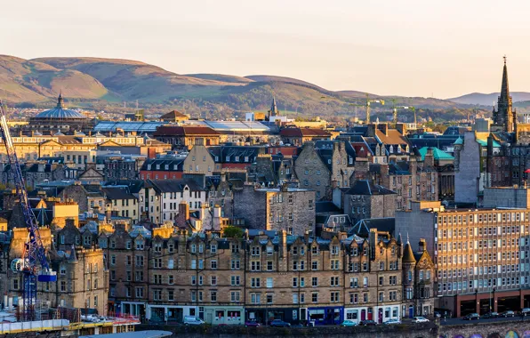 The sky, the sun, landscape, mountains, the city, home, Scotland, Edinburgh