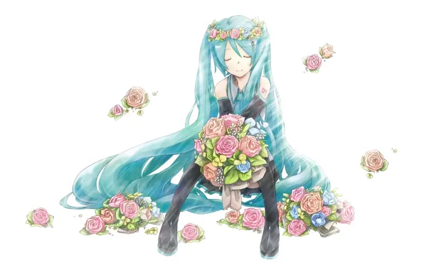 White background, vocaloid, sitting, Hatsune Miku, Vocaloid, blue hair, pink roses, closed eyes