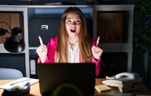 Woman, young, night, office, working, caucasian