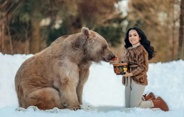 Winter, forest, girl, snow, nature, smile, glade, bear