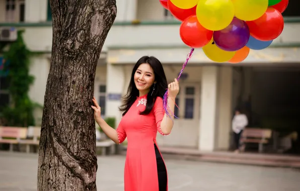 Girl, smile, mood, dress, Asian, balloons, smiling, Vietnamese