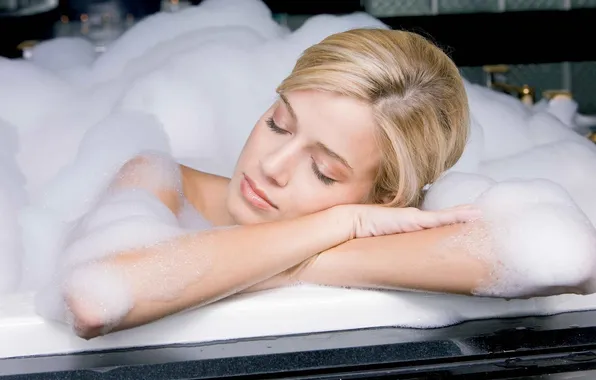 Foam, girl, blonde, sleeping, bath