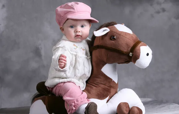 Children, photo, hat, horse, toy, baby