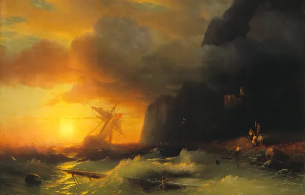 Sea, sunset, storm, storm, picture, shipwreck, Aivazovsky, mount Athos