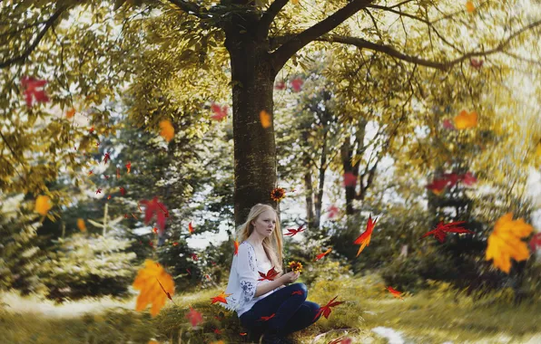 Autumn, leaves, girl
