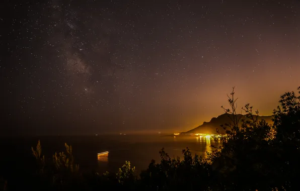 Sea, stars, night, the city, view, the milky way