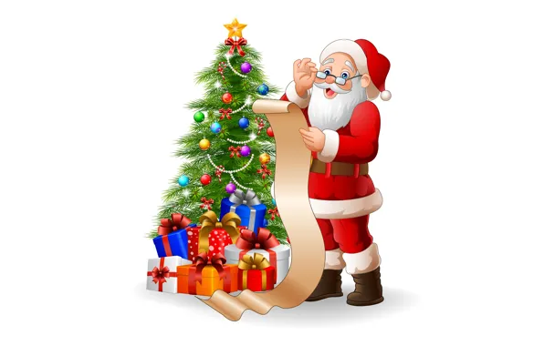 Christmas, gifts, white background, New year, tree, list, Santa Claus