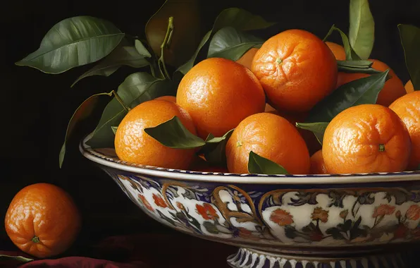 Leaves, pattern, oranges, vase, fruit, black background, still life, juicy