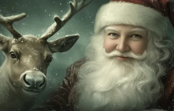 Deer, Christmas, New year, Santa Claus, Santa Claus, snowfall, AI art, neural network
